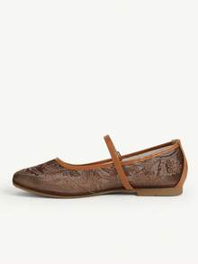 CUCCOO CHICEST Sepatu Wanita Gaya Cina Baru, Gaya Lembut, Sepatu Wanita Musim Semi dan Musim Panas untuk Bepergian dan Kencan, Benang Jala Bordir Bunga, Warna Polos, Ujung Bulat, Sol Datar, Mary Jane - Coklat - View 6
