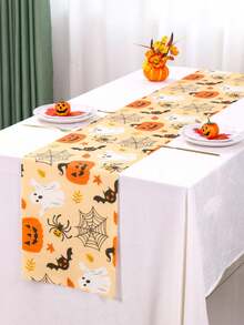 1pc Halloween Decoration Table Runner, Ghost Pumpkin Bat Pattern Orange Polyester Table Cover, Halloween Boo Ghost Tablecloth, Happy Halloween Decorative Table Cloth, Trick Or Treat, Halloween Cabinet Decorative Cover, Dining Table Centerpiece - Orange Full Version Halloween - View 6