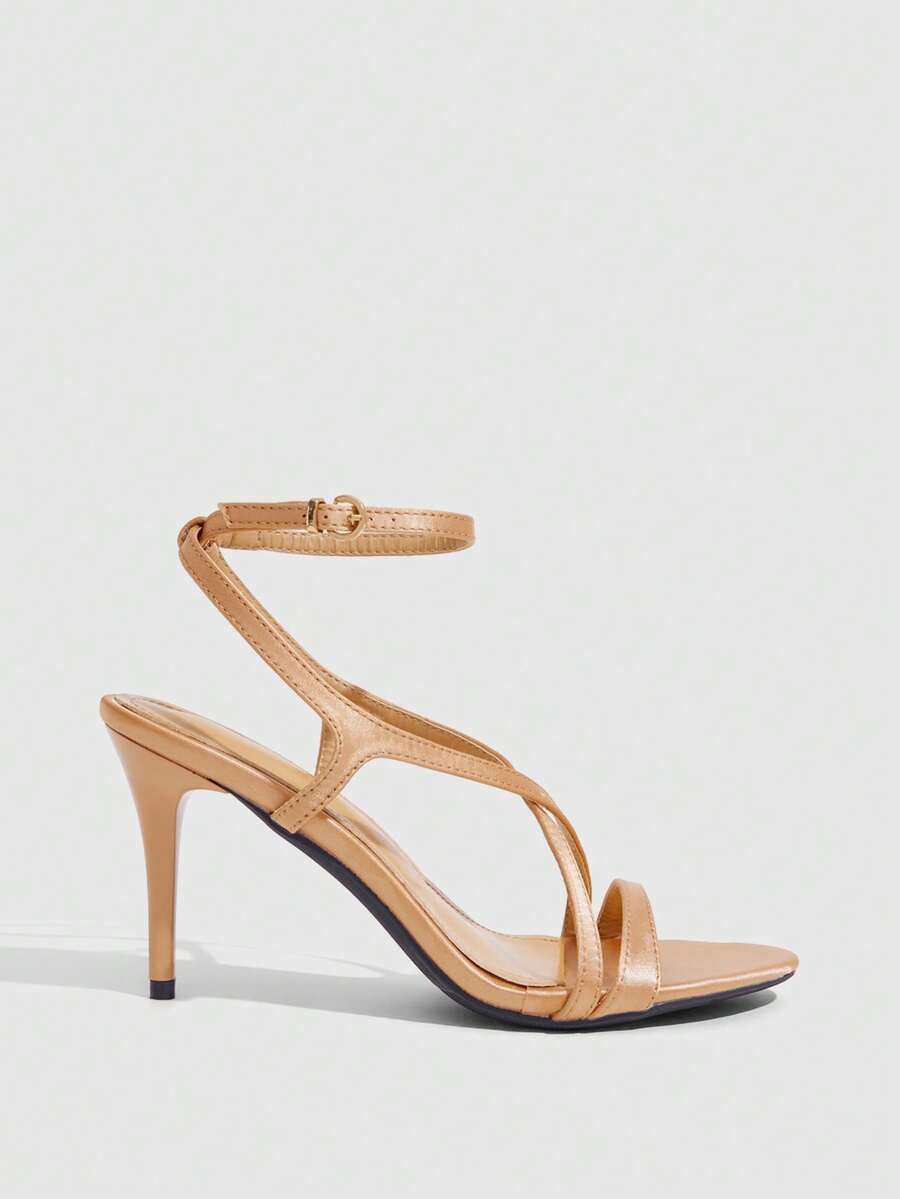 CUCCOO SZL Women's Summer Cross Strap Square Toe Stiletto High Heel Sexy Satin Burgundy Sandals For Date Party - Champagne - View 1