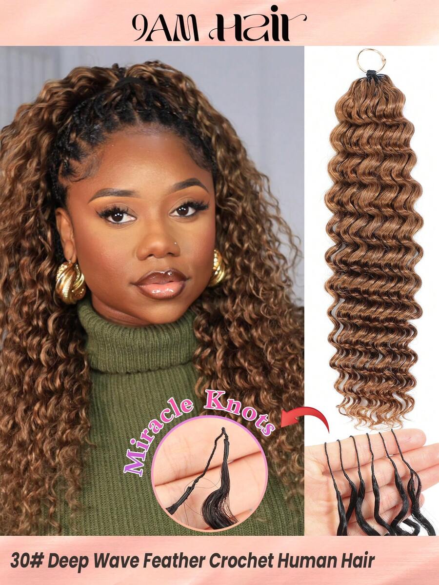 Boho Braids Miracle Knots 钩编真人发,100% Remy 真人发,羽毛线钩编发辫,沙龙级丝滑无缝隐形纯色 30# 羽毛钩编真人发,适合细软发质女性,微预环钩编真人发,深波浪处女发接发 - S30 - 查看 1
