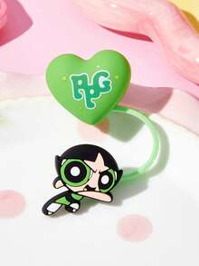 THE POWERPUFF GIRLS X SHEIN Cute Heart- Shaped Straw Sleeve, Dust-Proof Drinking Straw Reusable Straw Tips Lids, Straw Not Included,Gift Ideas,Party,Holiday,Valentine's Day,Drinking - Green - View 2