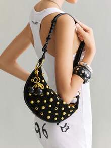 Viva Strut Women's Fashionable Street Personalized Versatile Sweet Cool Girl Y2K Black Suede Gold Rivet Cherry Pendant Decorative Shoulder Bag, Daily Shopping - Black golden cherry - View 6