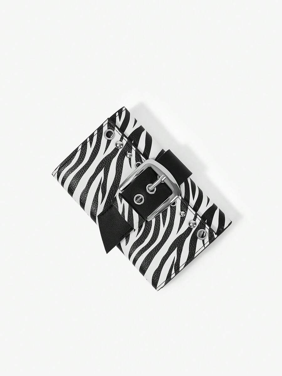 Viva Strut Dompet Lipat Tiga Pendek Motif Hewan, Motif Zebra Gaya Y2K Punk, Bentuk Sabuk Gesper Rivet Retro, Gaya Jalanan, Tas Kartu Fashion Retro Avant-Garde. - Hitam dan Putih - View 1