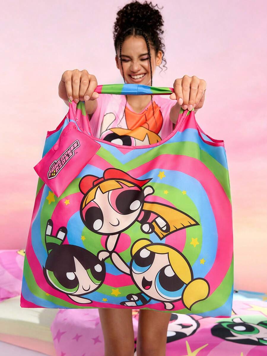 THE POWERPUFF GIRLS X SHEIN 1 件可爱卡通花朵、泡泡、毛茛心形印花涤纶可折叠购物袋、手提袋,配有带珠链的小储物袋 - 彩色 - 查看 1