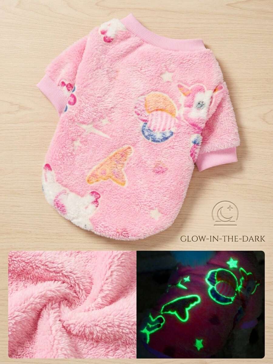 PETSIN 1件裝寵物粉色獨角獸法蘭絨印花發光毛絨加厚保暖圓領狗狗衛衣,秋冬款 - 彩色 - 查看 1