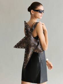 Viva Strut 1pc Star Shape Shoulder Bag, Retro Coffee Color Faux Leather, Fashion, Personalized, Versatile, Street Style, Sweet Cool Girl, Hot Girl, Y2K, Rivet. - Rust Brown - View 6