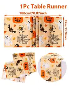1pc Halloween Decoration Table Runner, Ghost Pumpkin Bat Pattern Orange Polyester Table Cover, Halloween Boo Ghost Tablecloth, Happy Halloween Decorative Table Cloth, Trick Or Treat, Halloween Cabinet Decorative Cover, Dining Table Centerpiece - Orange Full Version Halloween - View 5