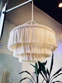 1PC HANDWOVEN BOHEMIAN MACRAME LANTERN SHADE WITH TASSEL FRINGE SCANDINAVIAN STYLE LAMP COVER FOR CEILING PENDANT LIGHT BEDROOM LIVING ROOM DINING ROOM CAFE HOME DECORATION BULB AND WIRE NOT INCLUDED - Beige - View 9