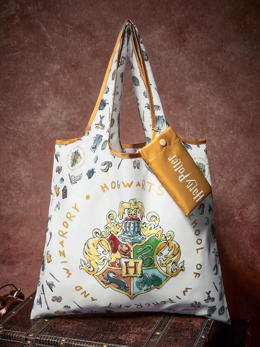 HARRY POTTER X SHEIN Vintage Magic Crest Print Foldable Polyester Tote Bag, Large Capacity, Lightweight & Foldable For Shopping, Commute & Daily Errands - Brown white - View 1