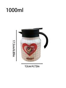 THE POWERPUFF GIRLS X SHEIN 1件 800ml/1000ml 304不鏽鋼保溫保冷水壺，附防塵蓋、防滑底座，輕量可重複使用，粉色愛心角色圖案，適合通勤、登山、野餐、日常通用，熱門保溫水杯 - 彩色 - 查看 5