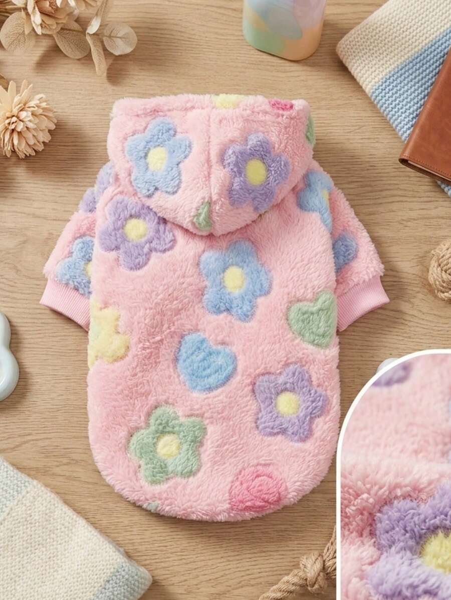 PETSIN 1 Piece Of Colorful Flower Printed Plush Hooded Pet Hoodie, Thick And Warm Winter Cat And Dog Clothing - Multicolor - View 1