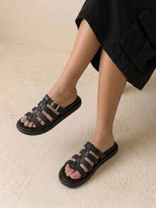 HighSole Sandalias de cuña de mujer de corcho suave y minimalista, versátiles y cómodas para temporada de vacaciones, zapatos casuales con suela gruesa, plataforma y tiras de tobillo en negro sólido - Negro - Ver 4