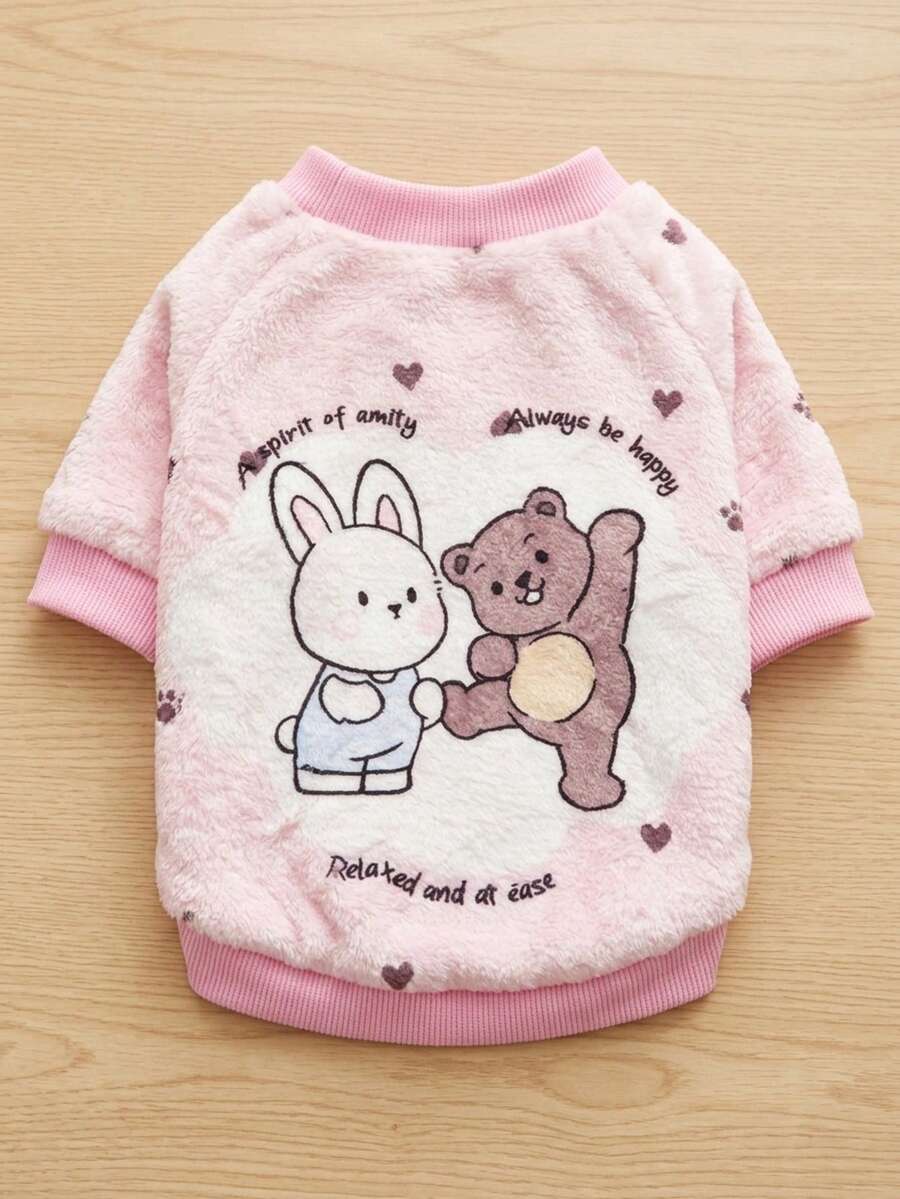 PETSIN 1 Piece Cute Bunny And Teddy Bear Love Letter Printed Flannel Sweatshirt For Autumn And Winter, Thick And Warm Pet Clothes - Multicolor - View 1