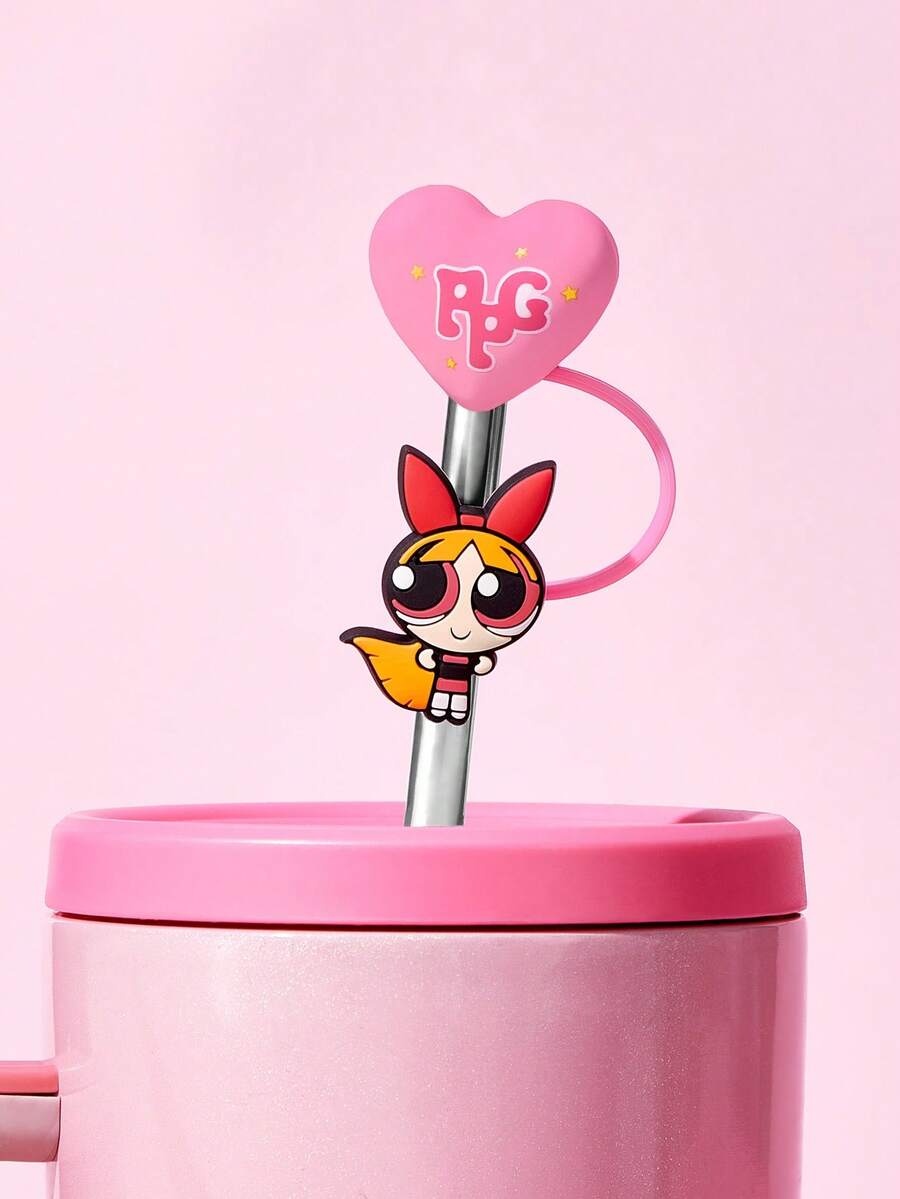 THE POWERPUFF GIRLS X SHEIN 可愛心形吸管套 防塵可重複使用吸管尖端蓋 不含吸管 送禮創意 派對 節日 情人節 飲水配件 - 粉色 - 查看 1