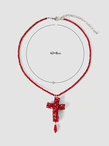 MortiRose Red Beaded Cross Gothpunk Necklace, Halloween, Halloween Accessories/, Halloween Costume/Gothic - Red - View 11
