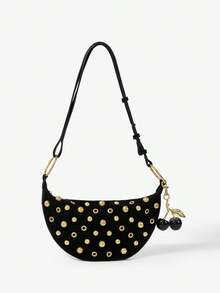 Viva Strut Women's Fashionable Street Personalized Versatile Sweet Cool Girl Y2K Black Suede Gold Rivet Cherry Pendant Decorative Shoulder Bag, Daily Shopping - Black golden cherry - View 2