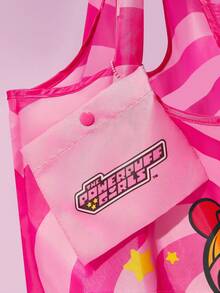 THE POWERPUFF GIRLS X SHEIN 1个可爱卡通花朵、泡泡、毛茛图案涤纶可折叠购物袋/手提袋，配有带珠链的小粉色收纳袋，Y 2 K，情人节 - 粉色 - 查看 6