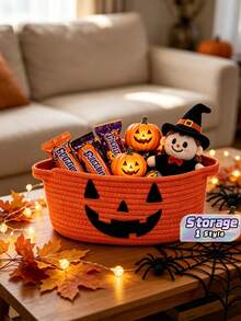Halloween Orange Cotton Rope Storage Basket, Holiday Candy & Gift Basket For Festival Packaging - Orange - View 1