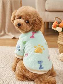 PETSIN 1 Pc Mint Green Cute Paw Print & Bone Fleece Thickened Warm Crew Neck Sweatshirt For Cats & Dogs, Autumn/Winter - Multicolor - View 2
