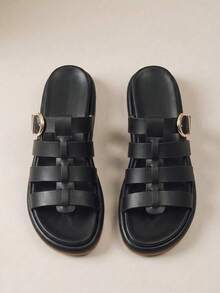 HighSole Sandalias de cuña de mujer de corcho suave y minimalista, versátiles y cómodas para temporada de vacaciones, zapatos casuales con suela gruesa, plataforma y tiras de tobillo en negro sólido - Negro - Ver 7