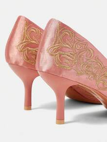 CUCCOO HITCHD Simple Champagne Matte Satin Embroidered High Heels Exquisite Gold Floral Pattern Pointed Middle Heel Gloafers Suitable For Daily Commuting Formal Occ - Champagne - View 4