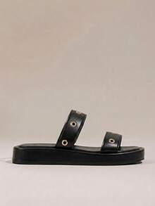 HighSole Spring And Summer New Metal Rivets Double With Open Toes Thick Bottom Black Personalized  Sandals Women Wear Shopping Travel Versatile - Black - View 2