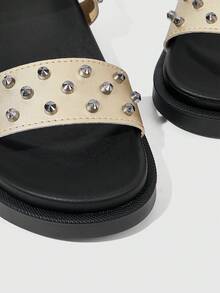 HighSole Plain Color Rivet Decor Versatile Summer Flat Sandals - Gold - View 8