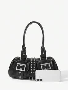 Viva Strut Women's Shoulder Bag, Y2K Biker Style Purse With Rivets, Metal Buckles And Studded Details, Gothic Punk Style Handbag For Women - Black - View 4
