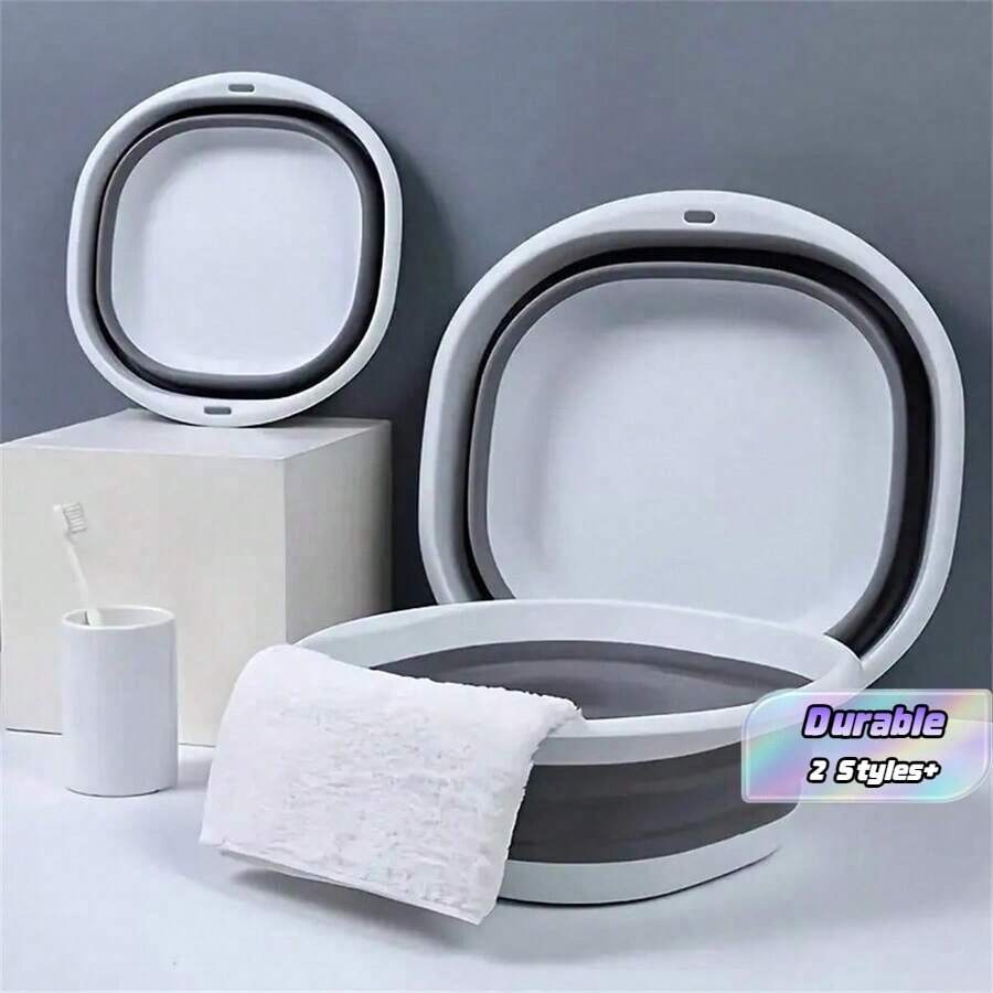 Foldable Wash Basin - Portable Multi-Function Plastic Bucket For Hand And Foot Washing, Made Of Durable Plastic Material, Suitable For Travel And Laundry Use, Applicable For Hand Washing, Face Washing, Clothing Washing And Foot Soaking - Grey - View 1