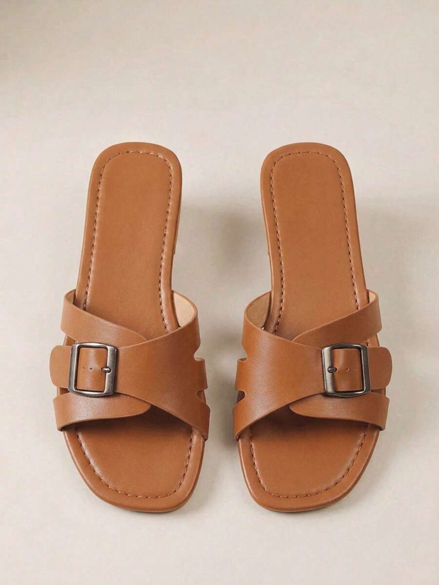 HighSole 女士纯色平底舒适凉鞋(带扣) - 棕色 - 查看 1