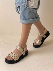 HighSole Plain Color Rivet Decor Versatile Summer Flat Sandals - Gold - View 5