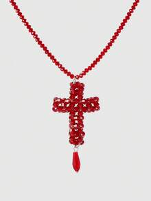 MortiRose Red Beaded Cross Gothpunk Necklace, Halloween, Halloween Accessories/, Halloween Costume/Gothic - Red - View 4