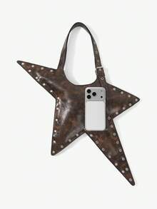 Viva Strut 1pc Star Shape Shoulder Bag, Retro Coffee Color Faux Leather, Fashion, Personalized, Versatile, Street Style, Sweet Cool Girl, Hot Girl, Y2K, Rivet. - Rust Brown - View 5