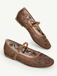 CUCCOO CHICEST Sepatu Wanita Gaya Cina Baru, Gaya Lembut, Sepatu Wanita Musim Semi dan Musim Panas untuk Bepergian dan Kencan, Benang Jala Bordir Bunga, Warna Polos, Ujung Bulat, Sol Datar, Mary Jane - Coklat - View 5