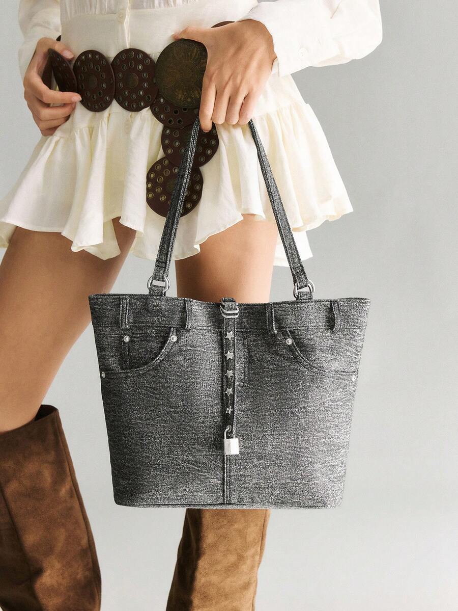 Viva Strut Women's Shoulder Bag Tote Bag Street Style, Retro Spice Girl Y2K, Metal Hardware Canvas Material Is Suitable For Daily Commuting, Shopping Fashion - Grey - View 1