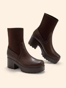 CUCCOO BASICS Women's Thick-Soled Brown Knitted Comfortable Breathable Elastic Women's Medium Boots Low Boots Fashionable And Comfortable Commuting Autumn And Winte - Coffee Brown - View 6