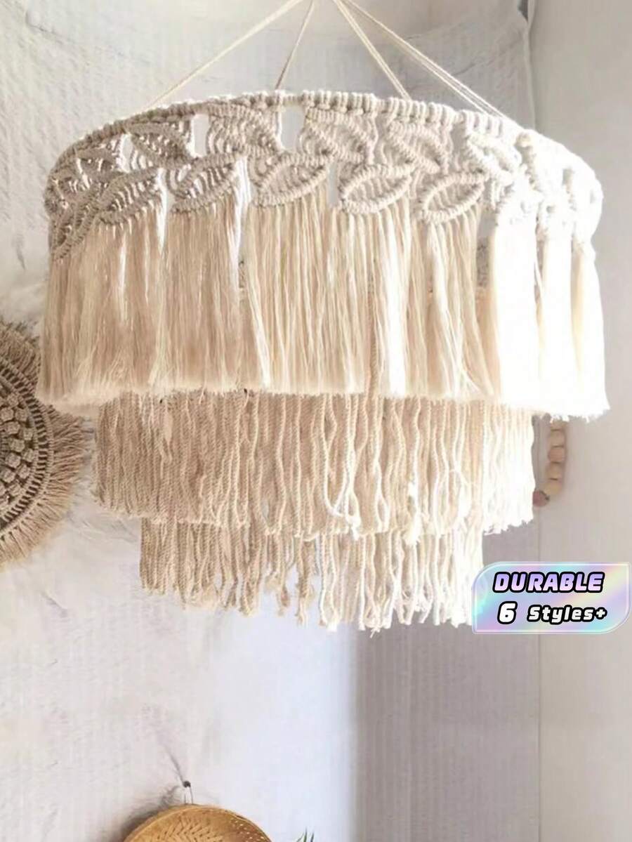 1PC HANDWOVEN BOHEMIAN MACRAME LANTERN SHADE WITH TASSEL FRINGE SCANDINAVIAN STYLE LAMP COVER FOR CEILING PENDANT LIGHT BEDROOM LIVING ROOM DINING ROOM CAFE HOME DECORATION BULB AND WIRE NOT INCLUDED