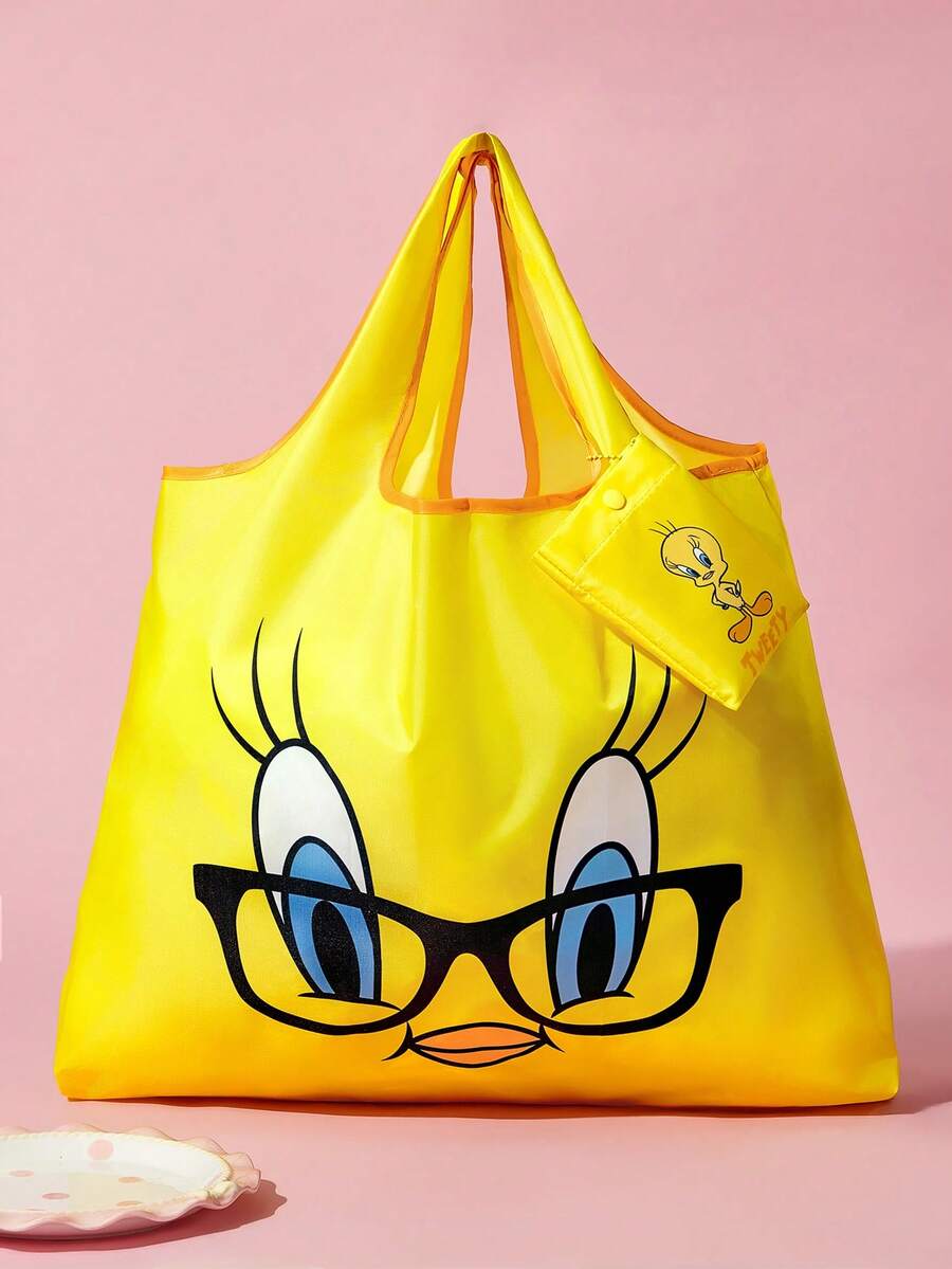 LOONEY TUNES X SHEIN 1Pc Cute Cartoon Character Printed Polyester Fiber Material Foldable Shopping Bag, Tote Bag, - Yellow - View 1
