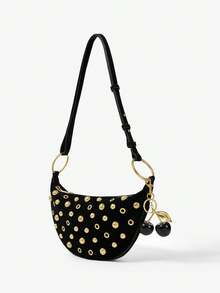 Viva Strut Women's Fashionable Street Personalized Versatile Sweet Cool Girl Y2K Black Suede Gold Rivet Cherry Pendant Decorative Shoulder Bag, Daily Shopping - Black golden cherry - View 3