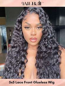 Water Wave Human Hair Glueless Wig With Adjustable Elastic Drawstring 100% Human Hair All Ready Wig Pre-Plucked Hairline Pre Cut 5x5 Lace Closure Wigs For Women Invisible Melt Skin - Natural Black - View 1