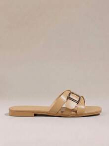 HighSole 女士纯色平底舒适凉鞋（带扣） - 卡其色 - 查看 2