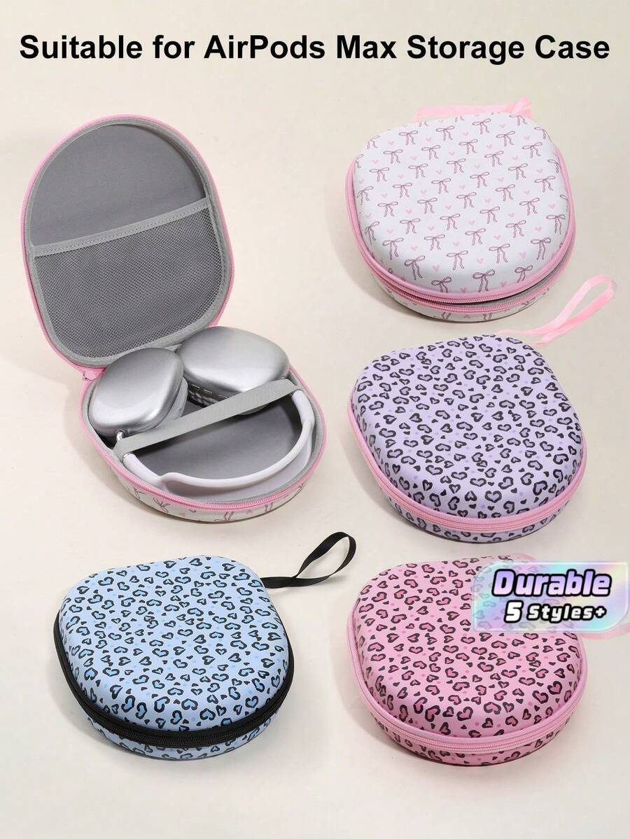 Leopard Pink EVA Hard Shell Headphone Carrying Case, Soft Lining With Mesh Pocket, Portable Travel Drop‑Proof Storage Box, Compatible With Apple Over‑Ear Headphones, Large‑Size Audio Headset Protective Carry Shell - Multicolor - View 1