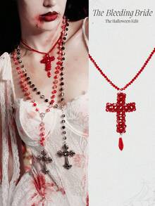 MortiRose Red Beaded Cross Gothpunk Necklace, Halloween, Halloween Accessories/, Halloween Costume/Gothic - Red - View 1