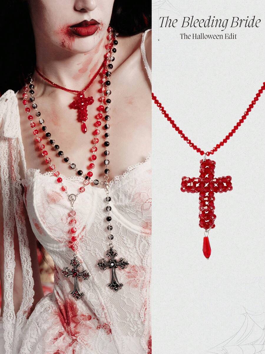 MortiRose Red Beaded Cross Gothpunk Necklace, Halloween, Halloween Accessories/, Halloween Costume/Gothic - Red - View 1