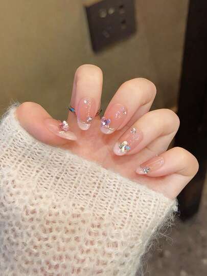 10 Stücke Mandelform handgefertigte wiederverwendbare Acryl French Tip Press-On Nägel, süße Sommer Nagelkunst Zubehör, geeignet für Frauen, Mädchen, Büro, Reisen, Strand, eleganter Business Lässig, ideales Geschenk.