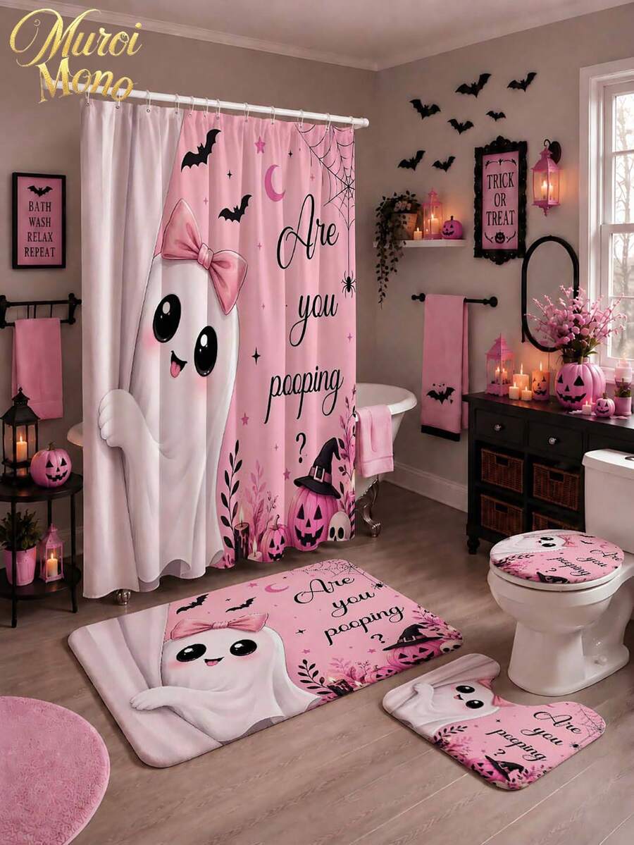180cm*180cm 1/3/4 Pcs Halloween Pink Ghost Style Bathroom Set, Includes 12 Hooks, 2D Flat Shower Curtain, Non-Slip Mat And Toilet Cover. It Is A Beautiful And Practical Home Decoration Gift Suitable For Use During Autumn Halloween. - Halloween - View 1