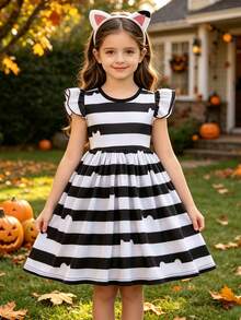MINKOJA Sommer Mädchen Katzenohren Streifen Kostüme für Kinder Halloween Karneval Cosplay Kleid mit Haarband Outfit Kinder Fancy Geburtstags Party Verkleidung 4-8 Jahre - Schwarz - Übersicht 1