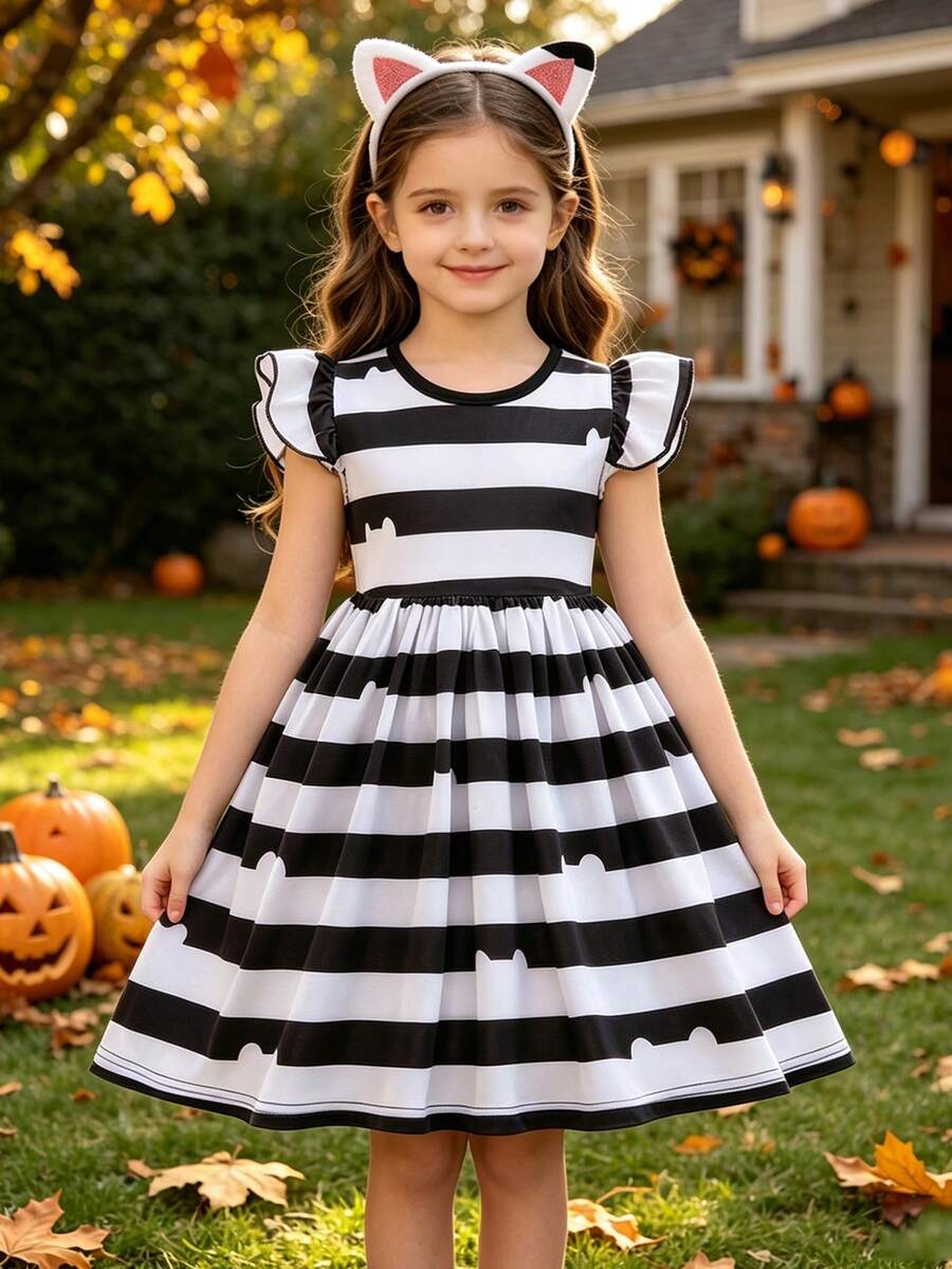 MINKOJA Sommer Mädchen Katzenohren Streifen Kostüme für Kinder Halloween Karneval Cosplay Kleid mit Haarband Outfit Kinder Fancy Geburtstags Party Verkleidung 4-8 Jahre - Schwarz - Übersicht 1