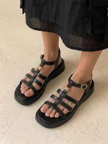 HighSole 女士春季T型带扣凉鞋，厚底坡跟鞋，2024夏季新款圆头粗跟沙滩凉鞋 - 黑色 - 查看 1