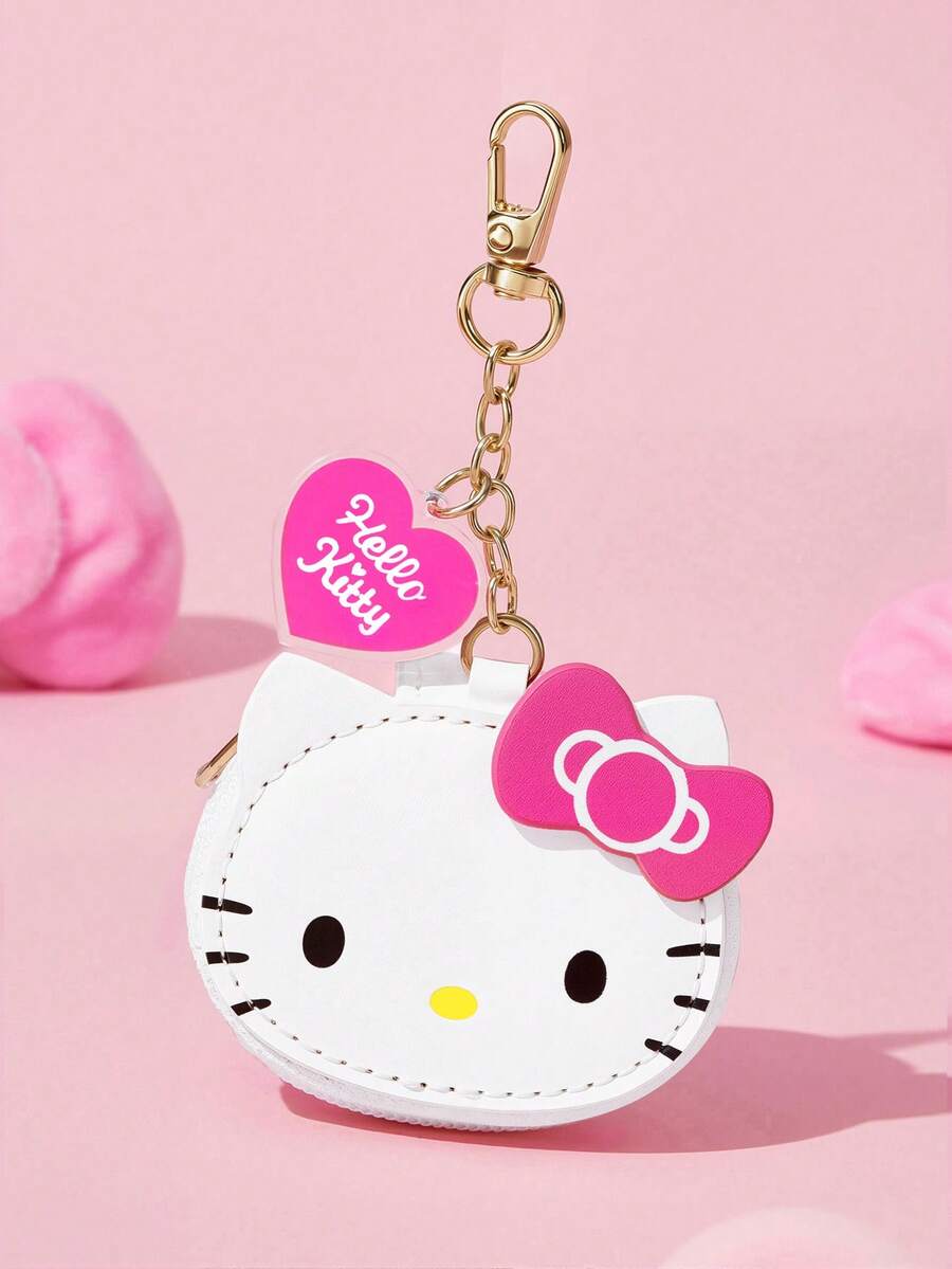 HELLO KITTY AND FRIENDS | SHEIN 蝴蝶結貓咪造型迷你零錢包,附鑰匙圈掛鉤,可作為包包掛飾,適合收納硬幣、耳機與小配件 - 玫瑰紅 - 查看 1